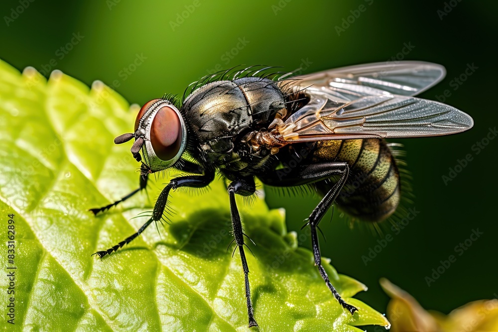 Close-up of a fly sitting on a green leaf. Common fly on a green leaf. Close-up of a fly sitting on a green leaf. Common fly on a green leaf.