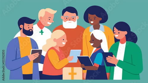 The team huddling together during a brief break discussing the next steps for improving the churchs technological capabilities.. Vector illustration
