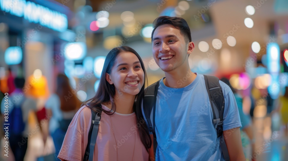 A candid moment captured as a happy young couple walks through the mall, their expressions filled with joy and contentment after a day of shopping. A candid moment captured as a happy young couple walks through the mall, their expressions filled with joy and contentment after a day of shopping.