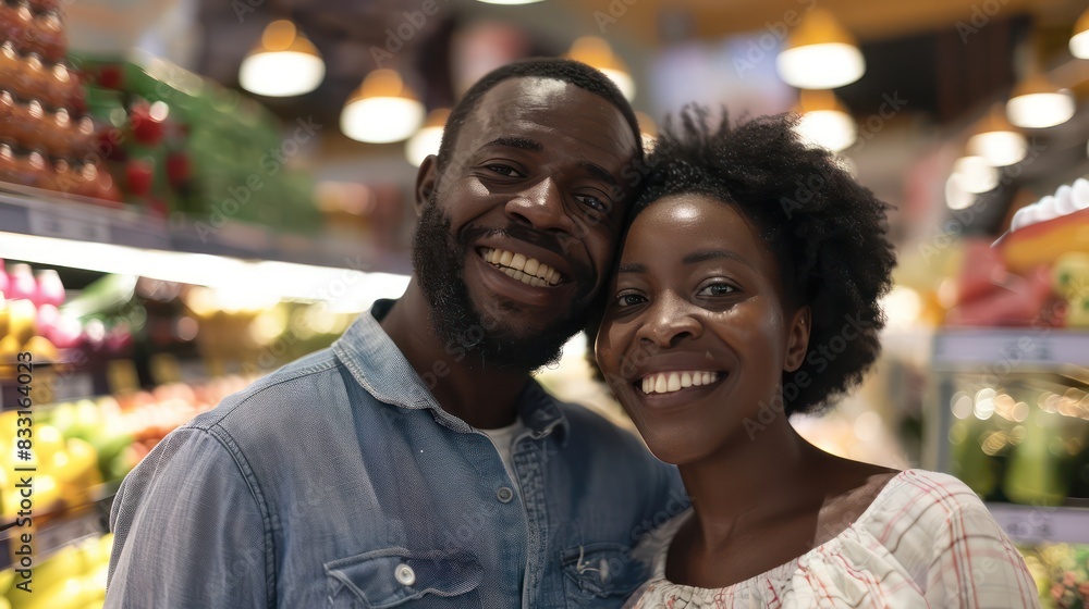 A joyful couple proudly displaying their purchases in the supermarket, smiling brightly as they look at the camera. A joyful couple proudly displaying their purchases in the supermarket, smiling brightly as they look at the camera.