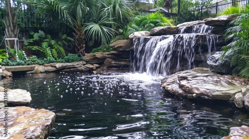 Attractive outdoor fish pond enhanced by artificial waterfall