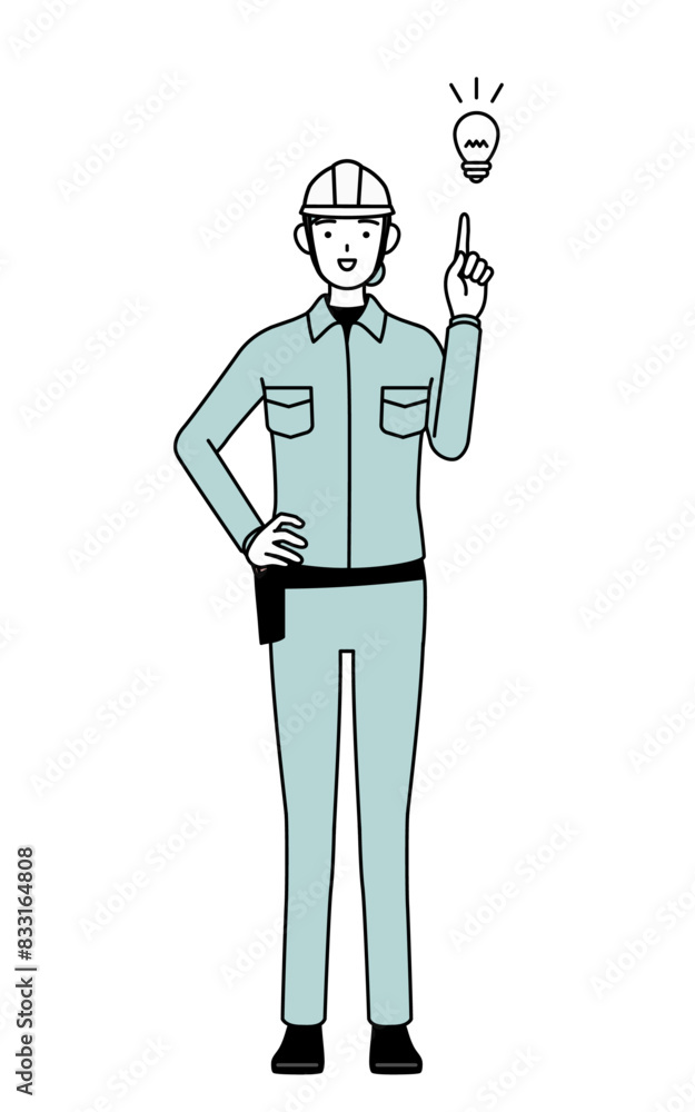 Female engineer in helmet and work wear coming up with an idea. Female engineer in helmet and work wear coming up with an idea.