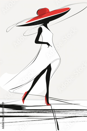 Sketch of a silhouette of an elegant woman with feminine dress and large hat in black and white and red