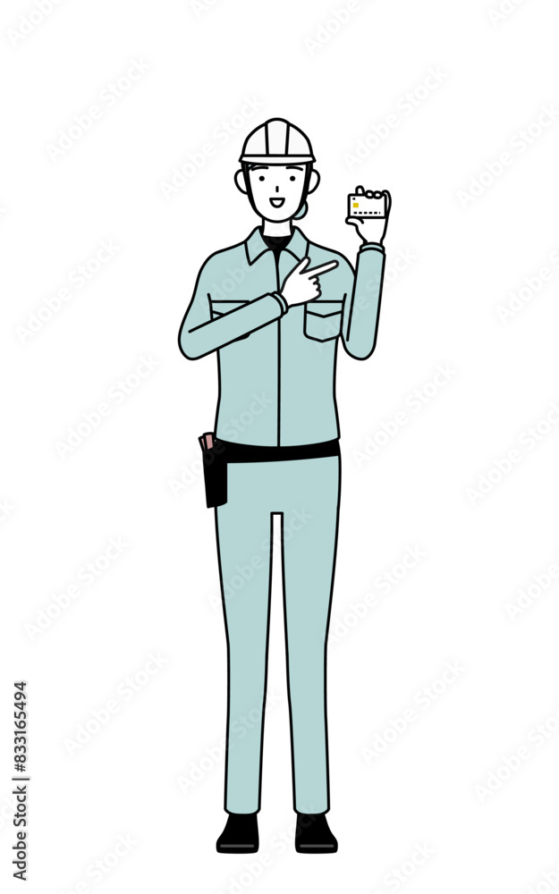 Female engineer in helmet and work wear recommending credit card payment. Female engineer in helmet and work wear recommending credit card payment.