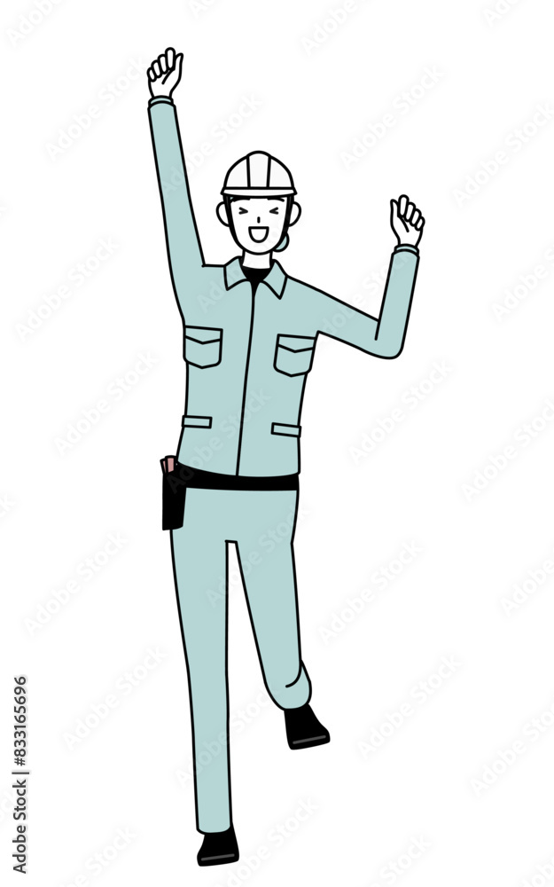 Female engineer in helmet and work wear smiling and jumping. Female engineer in helmet and work wear smiling and jumping.