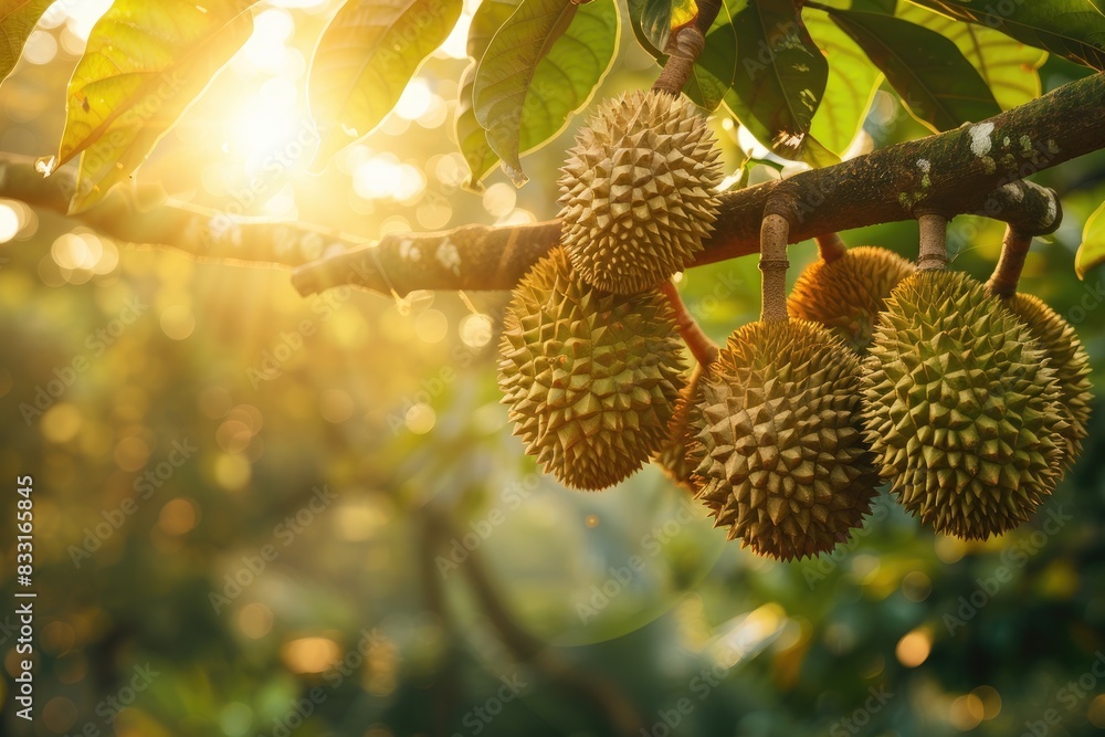 Cluster of durian fruits hanging from a branch in a tropical plantation, with sunlight Cluster of durian fruits hanging from a branch in a tropical plantation, with sunlight