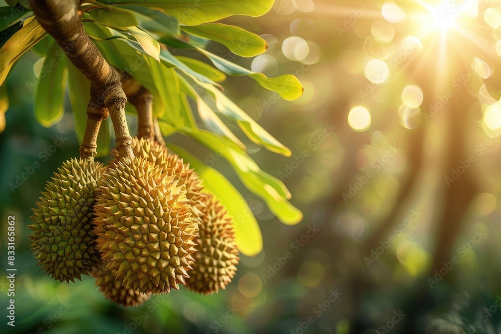 Cluster of durian fruits hanging from a branch in a tropical plantation, with sunlight Cluster of durian fruits hanging from a branch in a tropical plantation, with sunlight