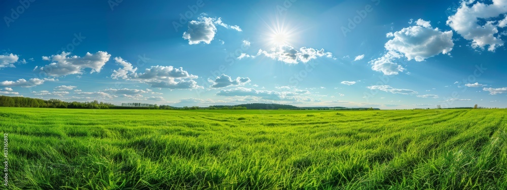 panoramic view of a beautiful green grass field with a blue sky and white clouds in the background panoramic view of a beautiful green grass field with a blue sky and white clouds in the background