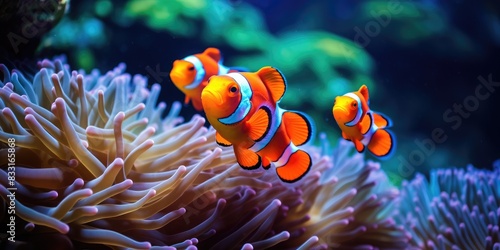 Amphiprion ocellaris clownfish and anemone in sea. photo