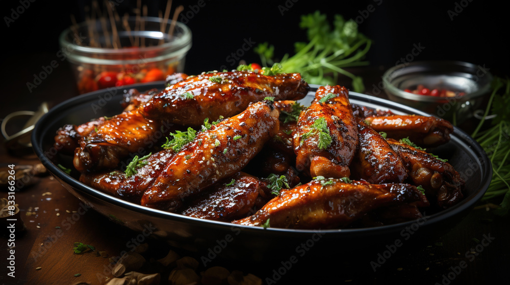 Delicious Marinated Chicken Claws In Bowl Garnished With Leafy Greens On Blurry Background Delicious Marinated Chicken Claws In Bowl Garnished With Leafy Greens On Blurry Background
