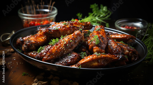 Delicious Marinated Chicken Claws In Bowl Garnished With Leafy Greens On Blurry Background