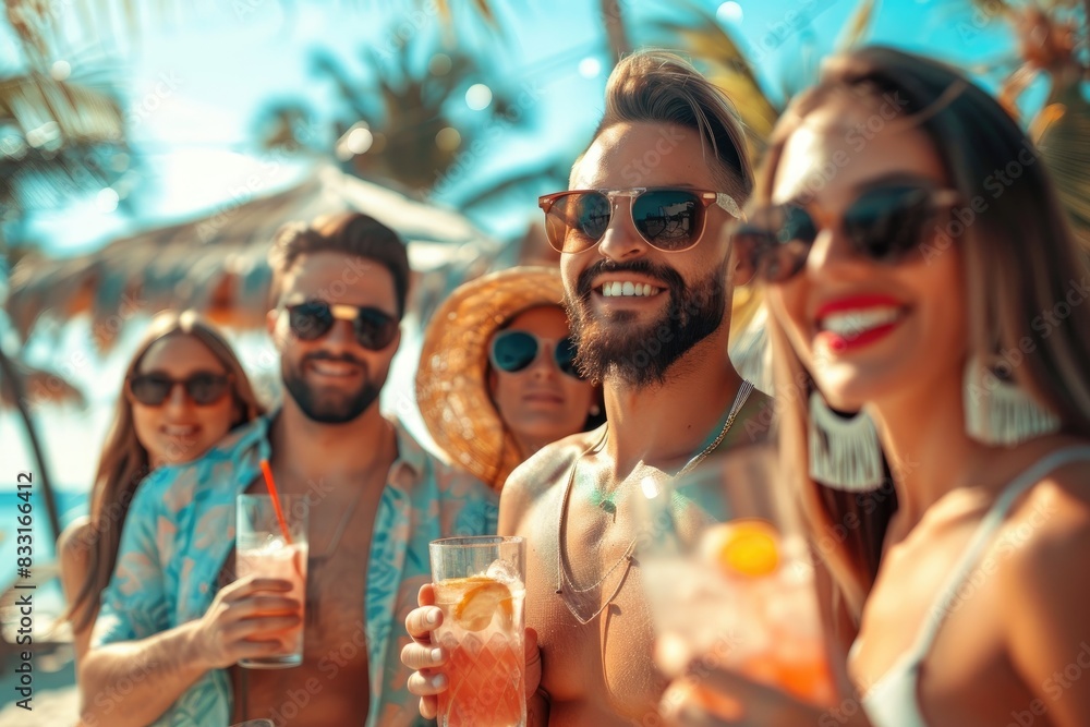 Obraz premium Group of friends drinking cocktails at party on luxury resort. Summer vacation concept.