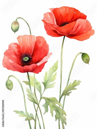 Watercolor painting of red poppies on white background.