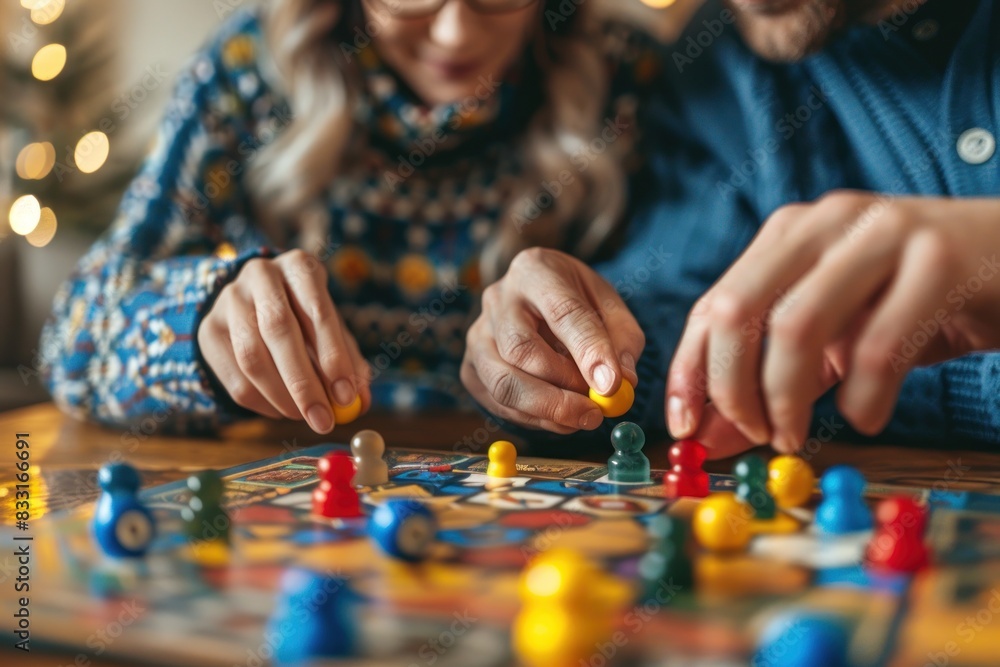 A close-up of an LGBTQ+ couple engaged in a board game at home. The focus is on their hands as they move pieces on the board, reflecting a moment of leisure and connection. The background features a A close-up of an LGBTQ+ couple engaged in a board game at home. The focus is on their hands as they move pieces on the board, reflecting a moment of leisure and connection. The background features a