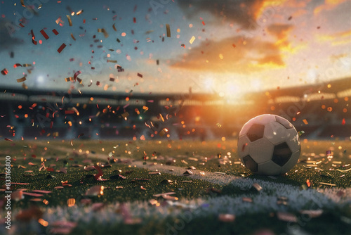 Fussball mit Konfetti im Stadion bei Sonnenuntergang