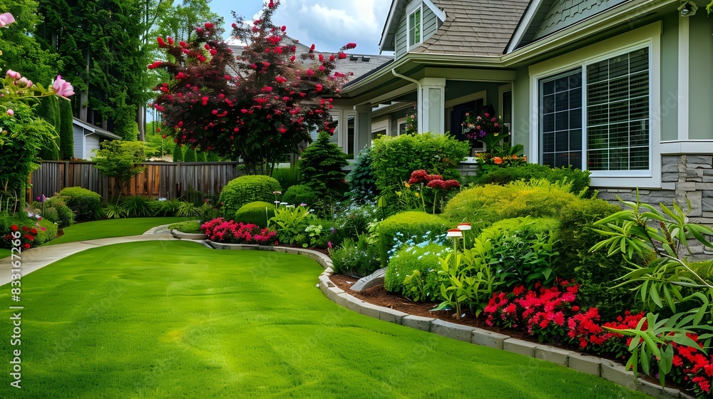 Fototapeta premium a beautiful lawn view with evergreen shrubs outside a house