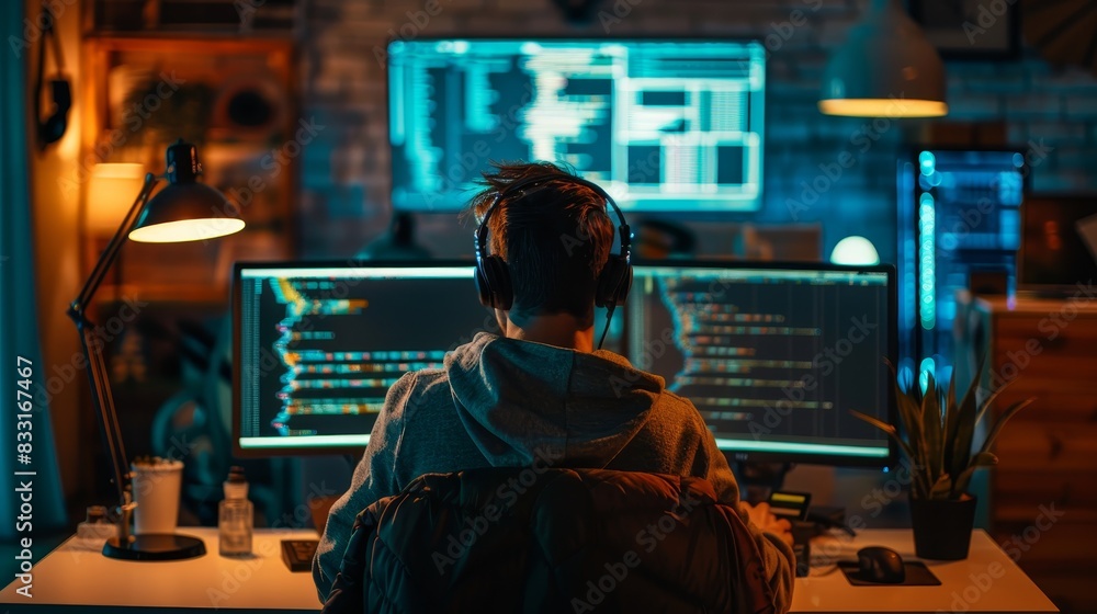 Technology Concept : a group man of developers with monitors showing lines of code in the office Technology Concept : a group man of developers with monitors showing lines of code in the office