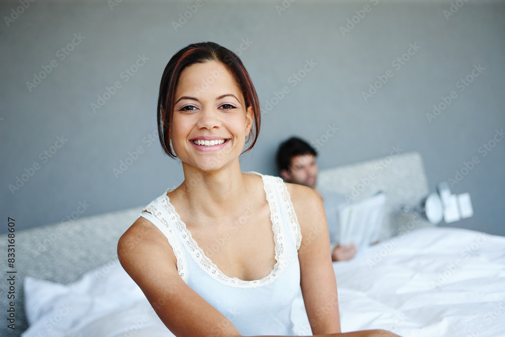 Portrait, woman and smile in bed with confidence, weekend relax and couple in morning for rest in home. Happy, face or girl in bedroom for marriage, pride or comfort in hotel room, house or apartment Portrait, woman and smile in bed with confidence, weekend relax and couple in morning for rest in home. Happy, face or girl in bedroom for marriage, pride or comfort in hotel room, house or apartment