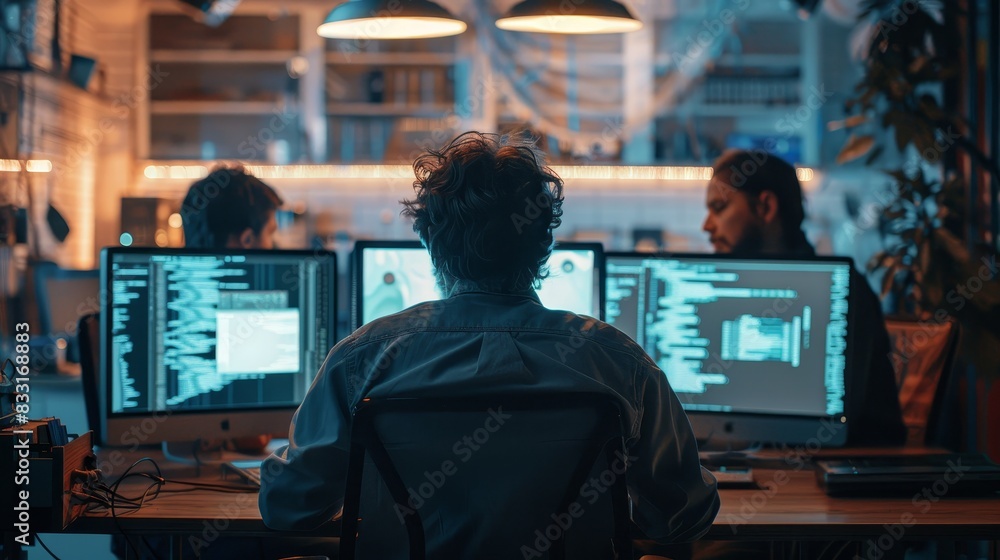 Technology Concept : a group man of developers with monitors showing lines of code in the office Technology Concept : a group man of developers with monitors showing lines of code in the office