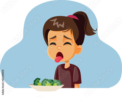 Girl Feeling Disgusted with Broccoli at Mealtime Vector Illustration. Fussy eater unhappy with the taste of veggies 
