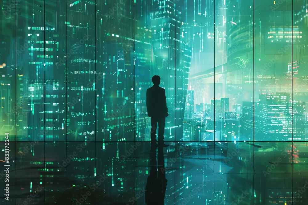 Silhouette of a person standing before a futuristic, neon-lit cityscape, reflecting a high-tech, cyberpunk aesthetic. Silhouette of a person standing before a futuristic, neon-lit cityscape, reflecting a high-tech, cyberpunk aesthetic.