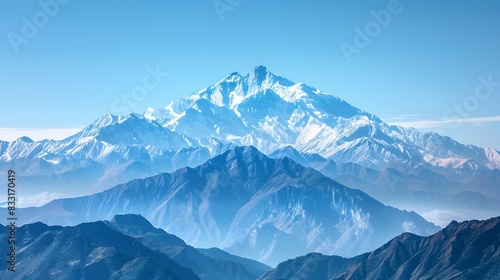 Majestic Snow Capped Mountain Range Under Serene Blue Sky Evoking Awe and Tranquility in the Wilderness