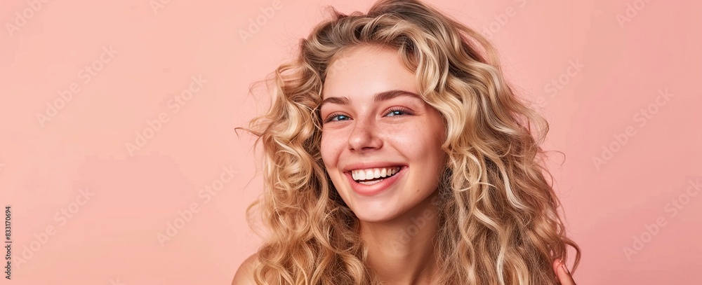 Photo of Beautiful blonde woman with long curly hair smiling on pastel peach background with copy space. Photo of Beautiful blonde woman with long curly hair smiling on pastel peach background with copy space.