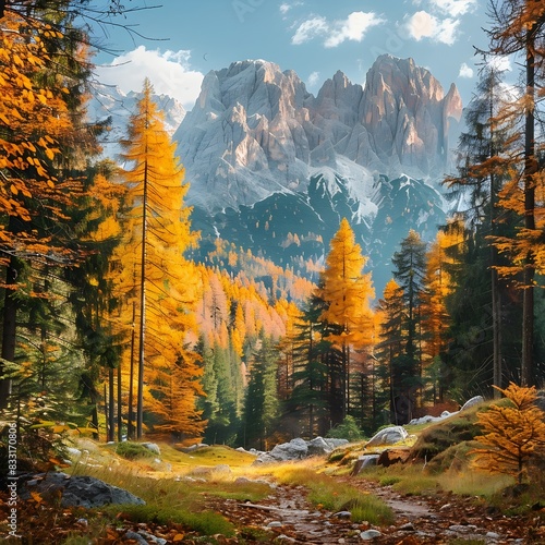 Autumn Forest at the Base of Towering Mountains with Vibrant Colors and Serene Atmosphere