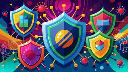 Abstract digital viruses and cybersecurity shields clashing in a spectrum of warning colors