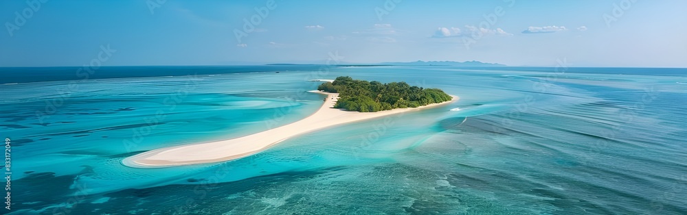 Obraz premium Sand spit of a tropical island stretching into the distance. Beautiful sunny summer landscape with white sand beach