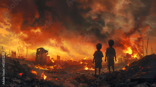 Arab children watch explosions in a deserted city ,generative ai