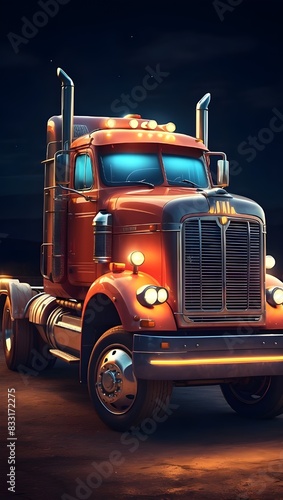 Retro Semi Truck Tractor Night Time Illumination © Ammar