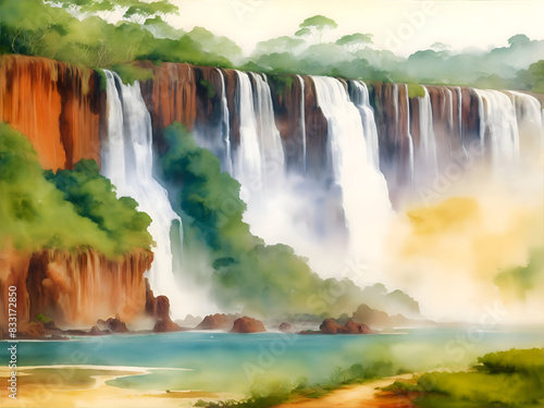 Iguaçu National Park Brazil Country Landscape Watercolor Illustration Art	 photo