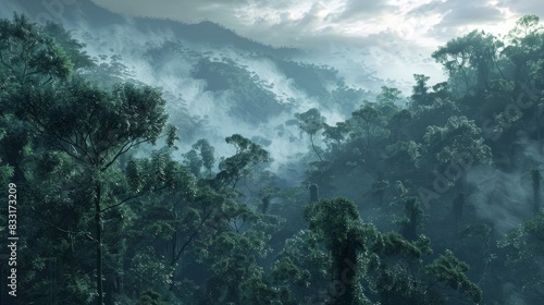 Rainforest landscape with trees and fog - theme conservation  climate change and renewable energy - Generative AI