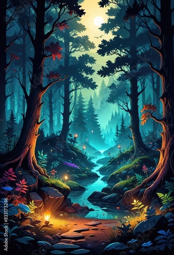 Create a photorealistic image of a fairytale fantasy forest at night