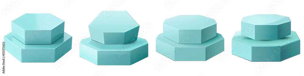 Set of Cyan Hexagon Podium isolated on transparent png background collection set . Generative ai Set of Cyan Hexagon Podium isolated on transparent png background collection set . Generative ai