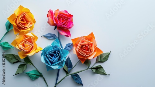 Colorful origami roses for Valentine s Day love themes White background with room for text