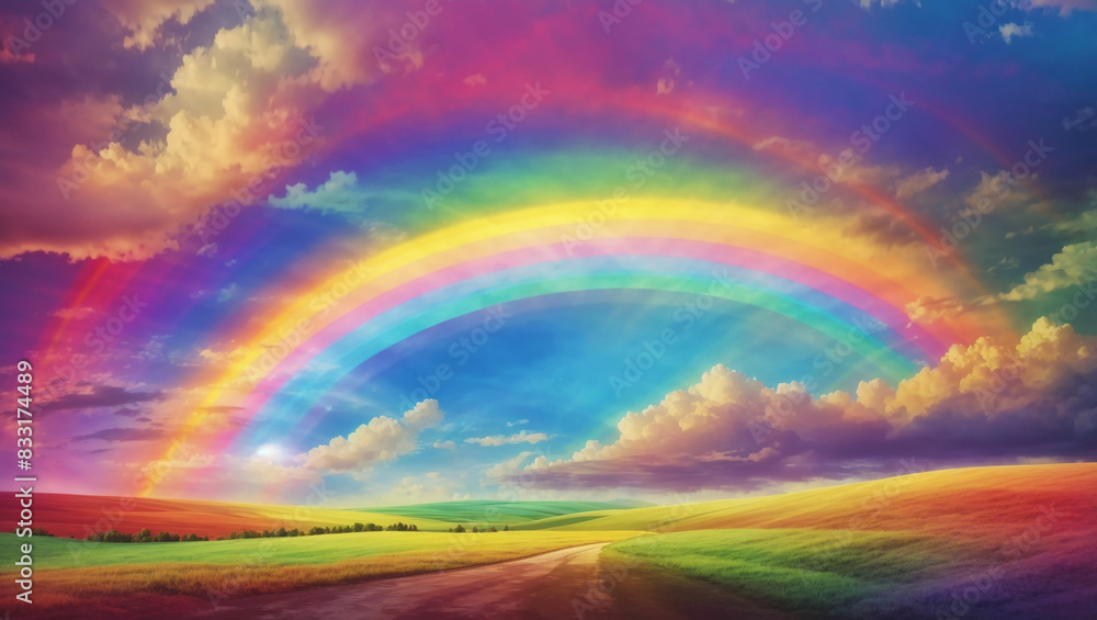 Naklejka premium This image shows a rainbow over a field of red and yellow flowers