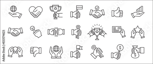 Business icons. Entrepreneurship icon set. Success business symbol collection. included icon of trophy, profit, money bag, hand holding key, handshake, achievement. Vector isolated in white.
