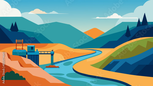 The sound of creaking machinery blends with the gentle whispers of the river creating a soothing harmony that echoes through the surrounding hills.. Vector illustration