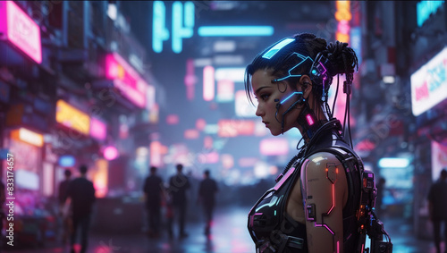 A woman with cybernetic enhancements is standing in a dark city street. © Mudassir