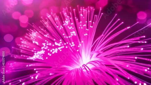 Vibrant pink fiber optic lights radiating from a central point, creating an abstract, futuristic feel. The glowing strands spread outwards, evoking a sense of energy and connectivity.
