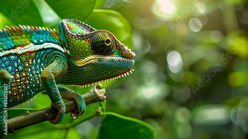 Close up of colorful chameleon on the green branch. Animal theme background.