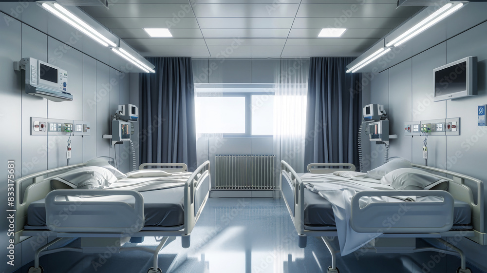 Hospital room with two beds and a monitor for patient monitoring and care Hospital room with two beds and a monitor for patient monitoring and care