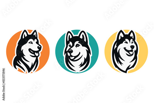Dog logo template. Siberian husky dog silhouette head in round shape. Illustration icon design on vector white background. For brand, animal pet, t-shirt, dog club, pet shop, grooming, dog lover