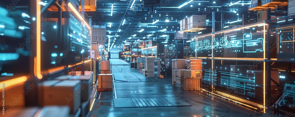 Fototapeta premium A warehouse scene filled with shipping boxes and a logistics team hard at work