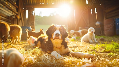 Adorable puppies play in a sunlit barn, creating a warm and joyful rural scene. The sunlight highlights their playful and curious nature. photo