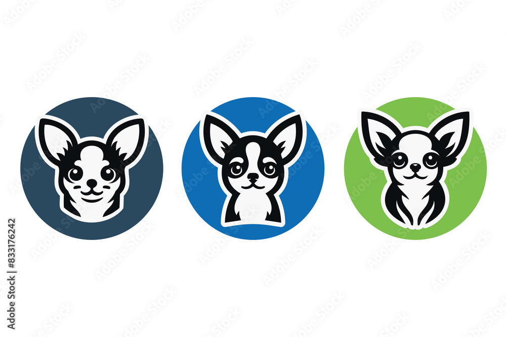 Fototapeta premium Dog logo template. Chihuahua dog silhouette head in round shape. Illustration icon design on vector white background. For brand, animal pet, t-shirt, dog club, pet shop, grooming, training, dog lover