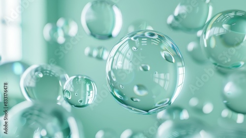 3D render of floating glass spheres or baubbles  pastel green mint color