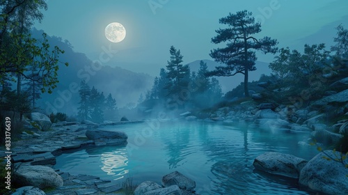 Moonlit Hot Springs Experience a serene and otherworldly soak in a moonlit hot spring, capturing the mystical allure of a tranquil night photo